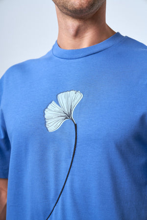 Ginkgo Yaprak Baskılı Oversize Erkek Bisiklet Yaka T-shirt - Mavi