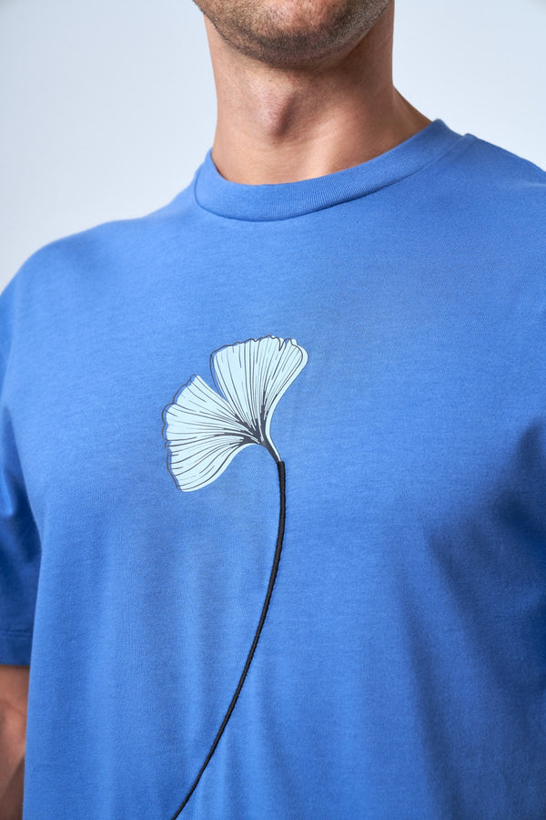 Ginkgo Yaprak Baskılı Oversize Erkek Bisiklet Yaka T-shirt - Mavi