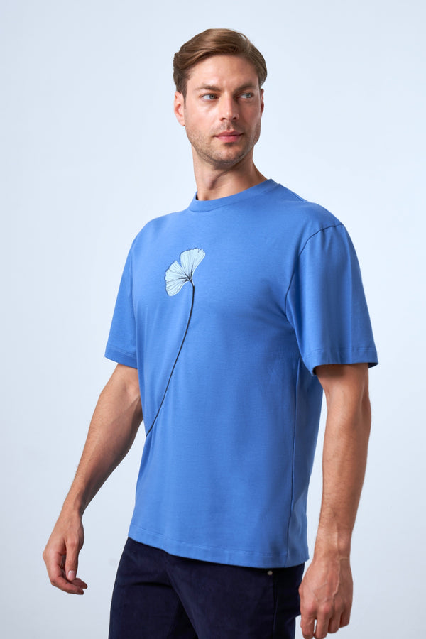 Ginkgo Yaprak Baskılı Oversize Erkek Bisiklet Yaka T-shirt - Mavi