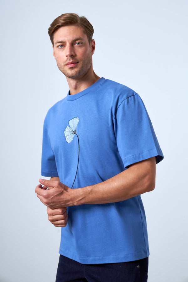 Ginkgo Yaprak Baskılı Oversize Erkek Bisiklet Yaka T-shirt - Mavi