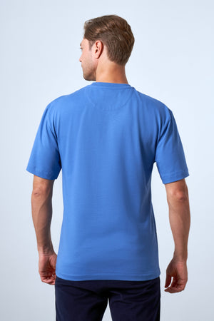 Ginkgo Yaprak Baskılı Oversize Erkek Bisiklet Yaka T-shirt - Mavi