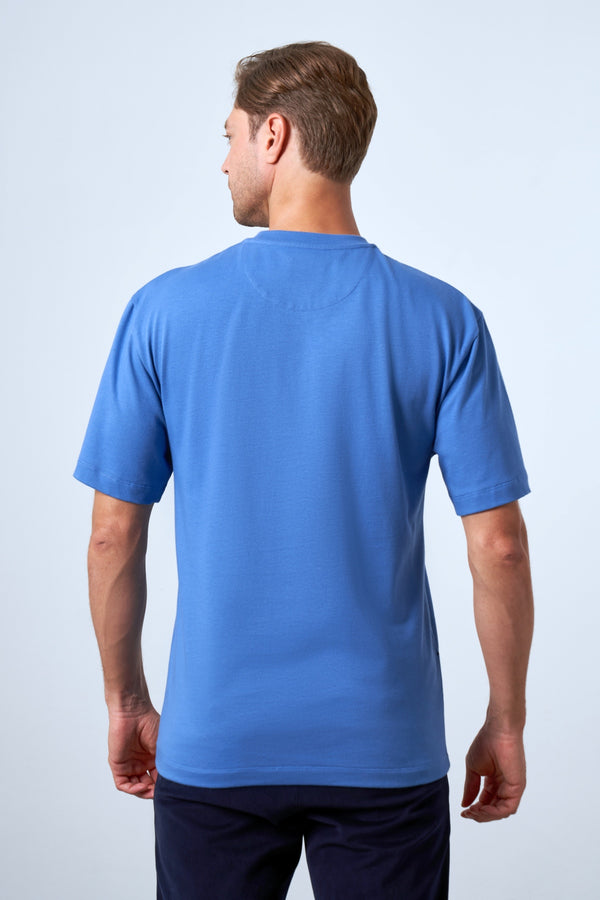 Ginkgo Yaprak Baskılı Oversize Erkek Bisiklet Yaka T-shirt - Mavi