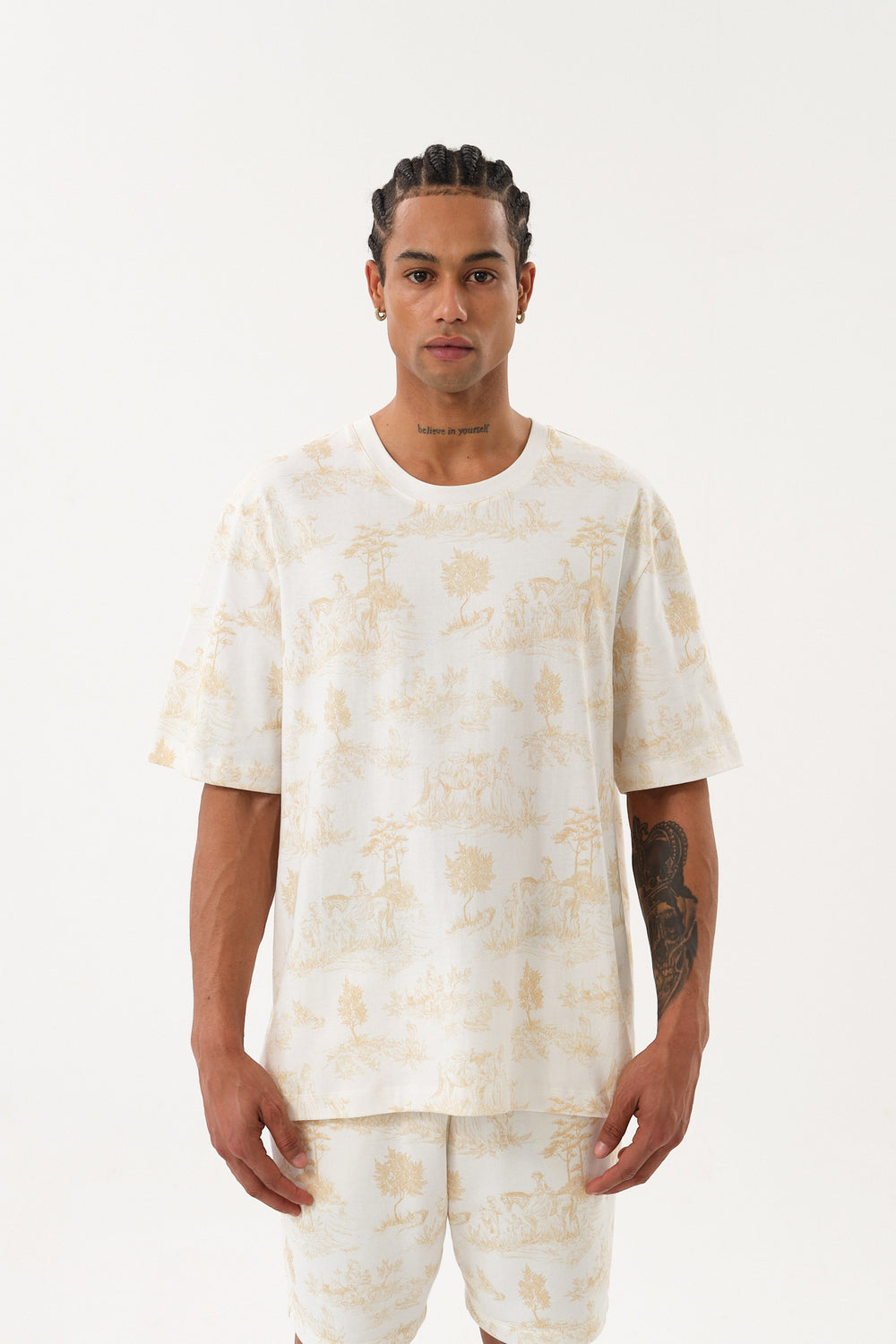 Grafik Baskı Detaylı Erkek Oversize Bisiklet Yaka T-shirt Ekru - Bej