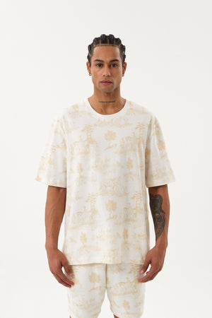 Grafik Baskı Detaylı Erkek Oversize Bisiklet Yaka T-shirt Ekru - Bej