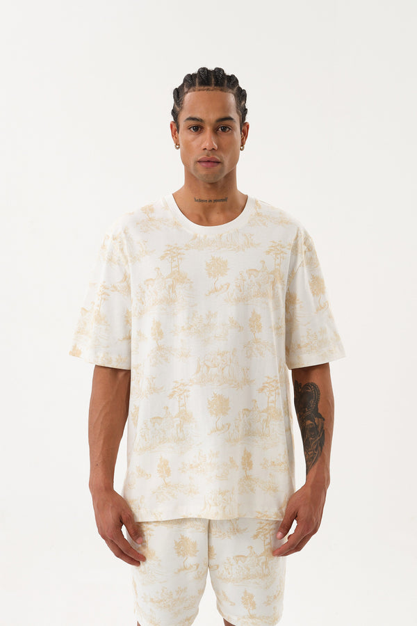 Grafik Baskı Detaylı Erkek Oversize Bisiklet Yaka T-shirt Ekru - Bej