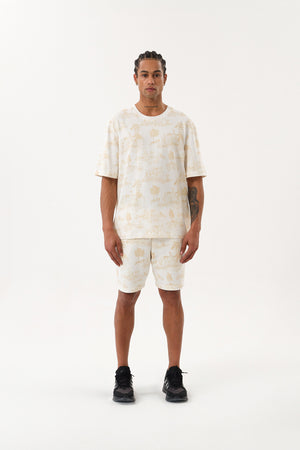 Grafik Baskı Detaylı Erkek Oversize Bisiklet Yaka T-shirt Ekru - Bej