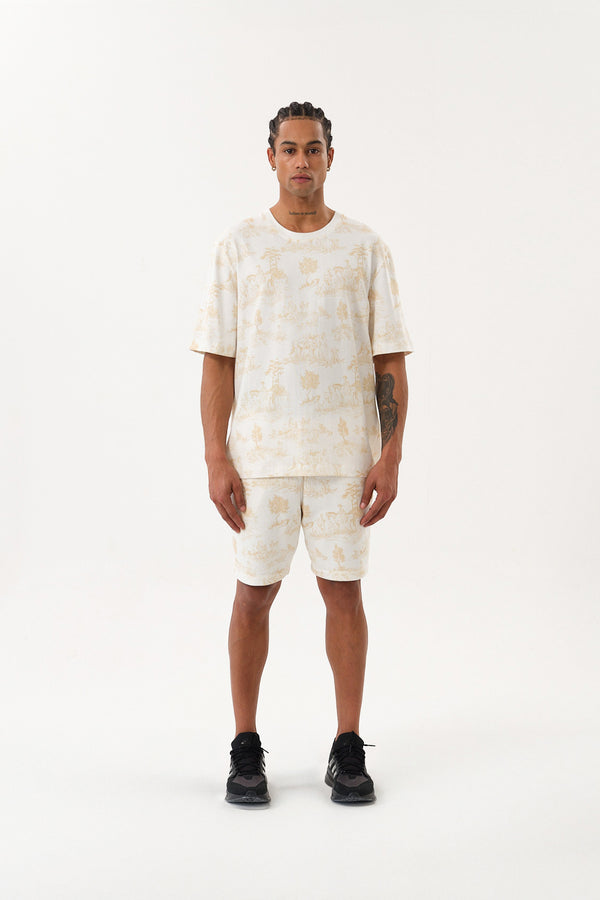 Grafik Baskı Detaylı Erkek Oversize Bisiklet Yaka T-shirt Ekru - Bej