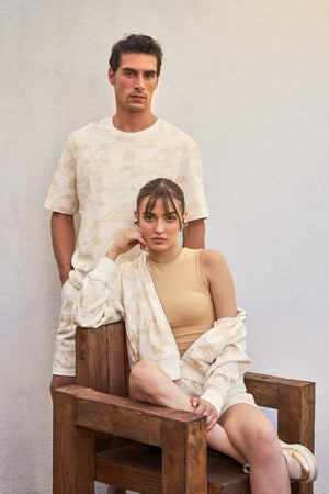 Grafik Baskı Detaylı Erkek Oversize Bisiklet Yaka T-shirt Ekru - Bej