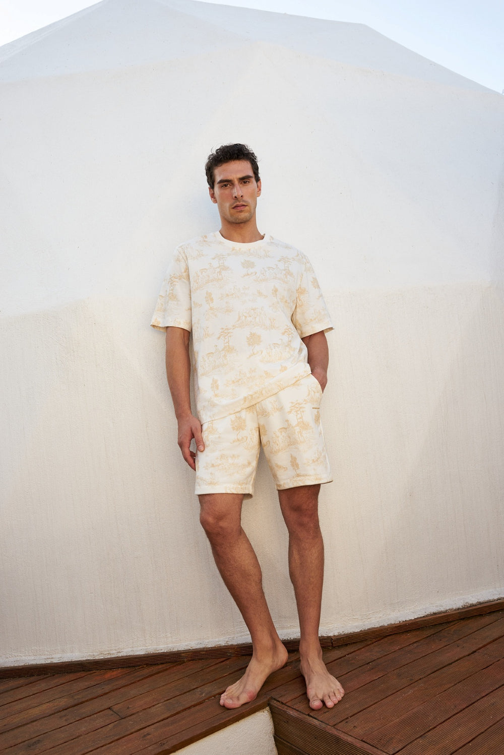 Grafik Baskı Detaylı Erkek Oversize Bisiklet Yaka T-shirt Ekru - Bej