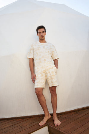 Grafik Baskı Detaylı Erkek Oversize Bisiklet Yaka T-shirt Ekru - Bej