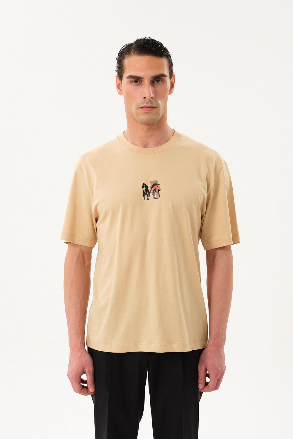 HorseLine Grafik Baskılı Erkek Oversize Bisiklet Yaka T-shirt - Bej