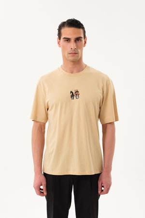 HorseLine Grafik Baskılı Erkek Oversize Bisiklet Yaka T-shirt - Bej