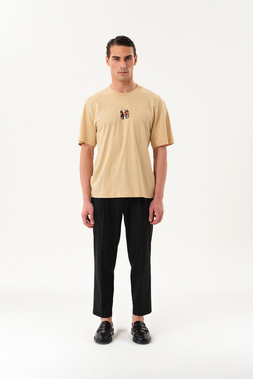 HorseLine Grafik Baskılı Erkek Oversize Bisiklet Yaka T-shirt - Bej