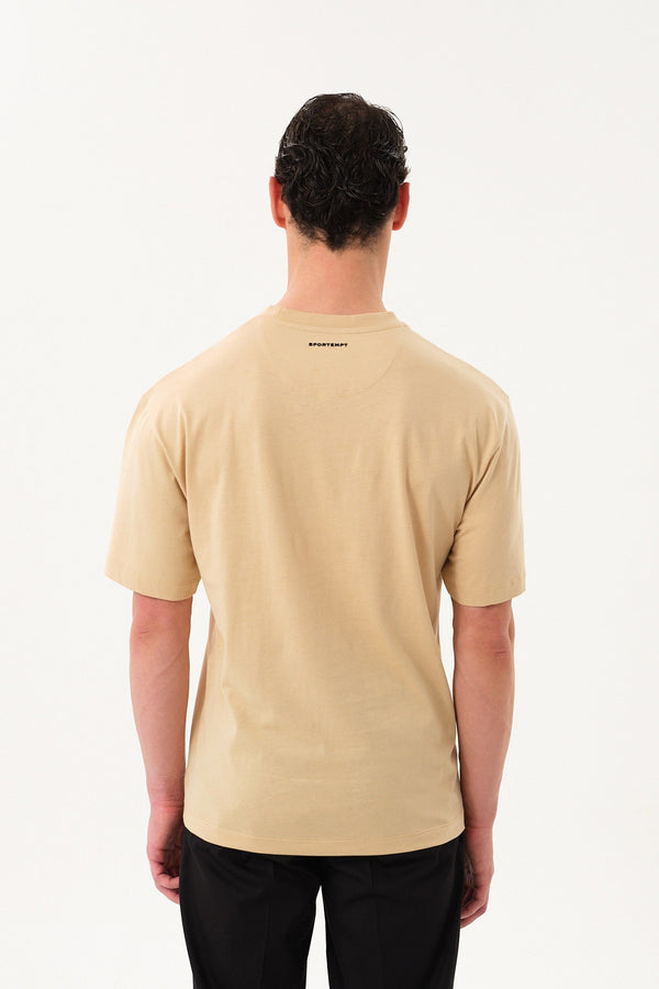 HorseLine Grafik Baskılı Erkek Oversize Bisiklet Yaka T-shirt - Bej