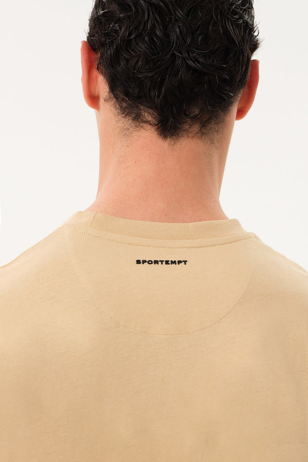 HorseLine Grafik Baskılı Erkek Oversize Bisiklet Yaka T-shirt - Bej