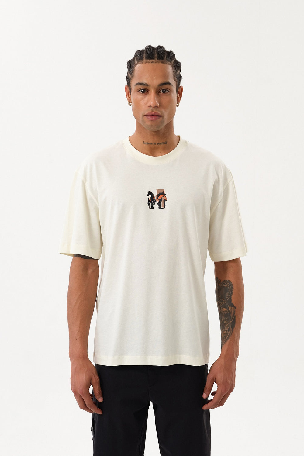HorseLine Grafik Baskılı Erkek Oversize Bisiklet Yaka T-shirt - Ekru