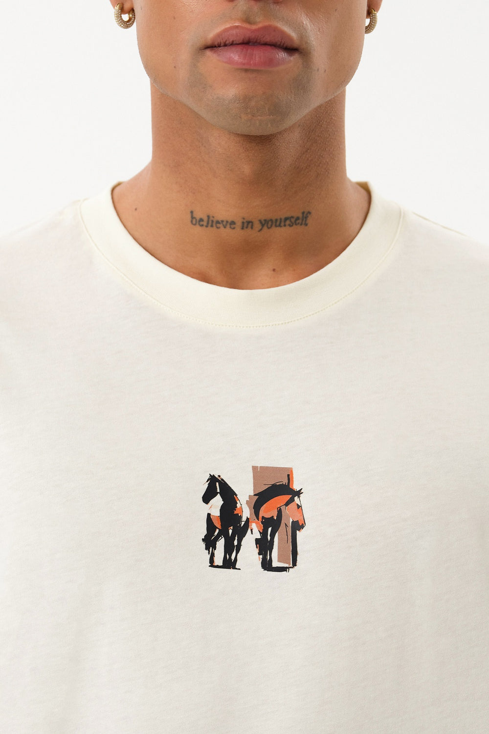 HorseLine Grafik Baskılı Erkek Oversize Bisiklet Yaka T-shirt - Ekru