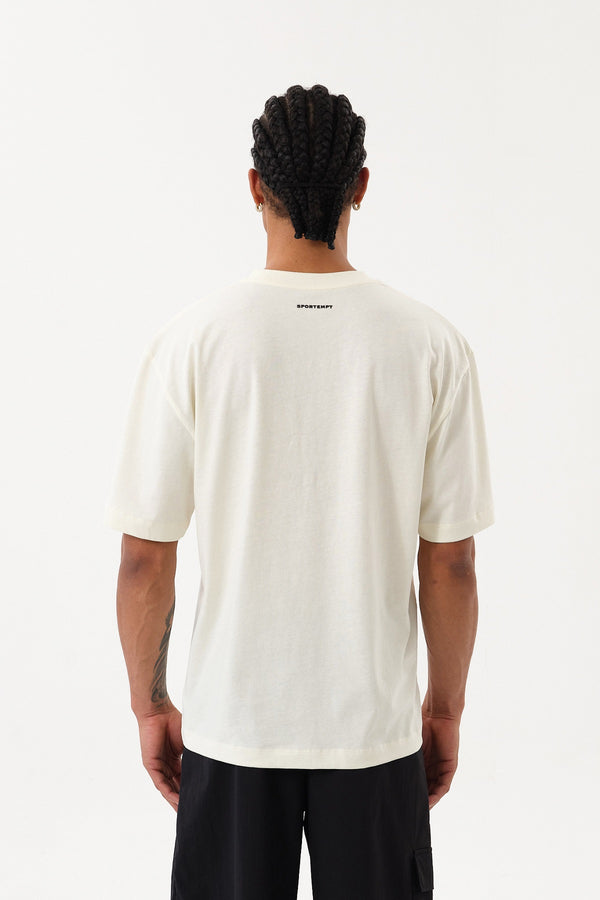 HorseLine Grafik Baskılı Erkek Oversize Bisiklet Yaka T-shirt - Ekru