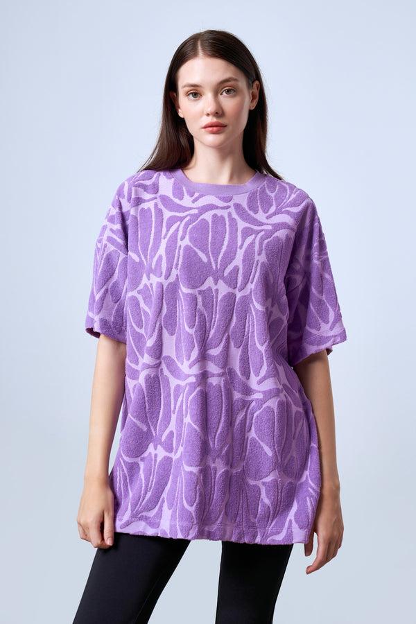 Jakarlı Havlu Oversize Bisiklet Yaka Kadın T-shirt - Lila