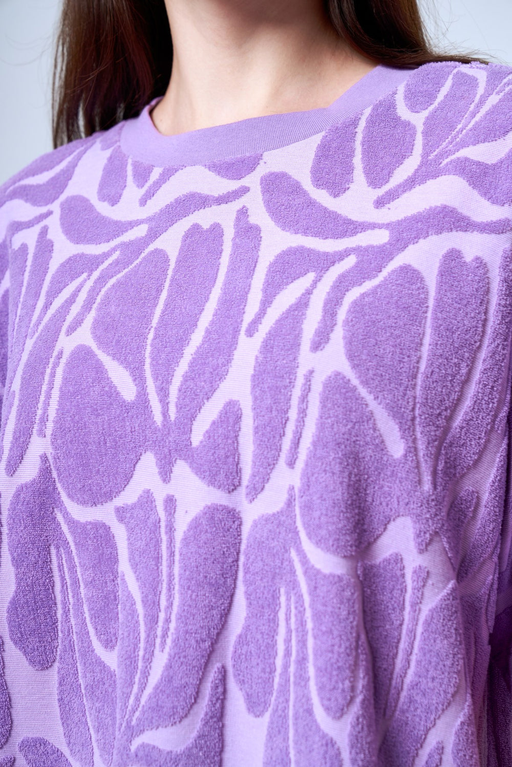 Jakarlı Havlu Oversize Bisiklet Yaka Kadın T-shirt - Lila