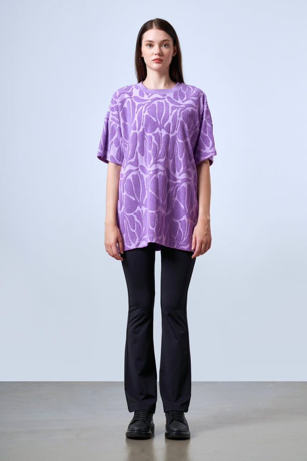 Jakarlı Havlu Oversize Bisiklet Yaka Kadın T-shirt - Lila