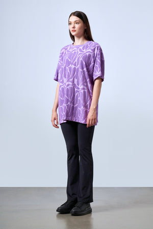 Jakarlı Havlu Oversize Bisiklet Yaka Kadın T-shirt - Lila