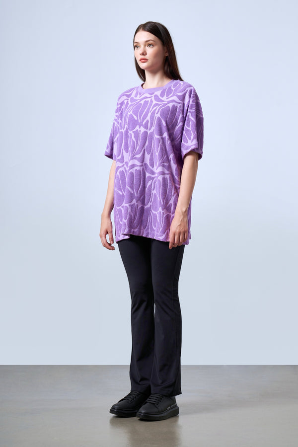 Jakarlı Havlu Oversize Bisiklet Yaka Kadın T-shirt - Lila