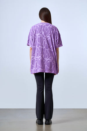 Jakarlı Havlu Oversize Bisiklet Yaka Kadın T-shirt - Lila
