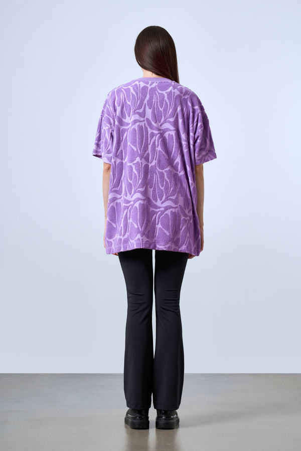 Jakarlı Havlu Oversize Bisiklet Yaka Kadın T-shirt - Lila