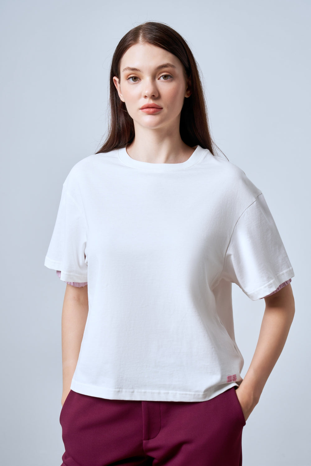 Kol Ucu Dokuma Detaylı Oversize Kadın T-shirt - Ekru