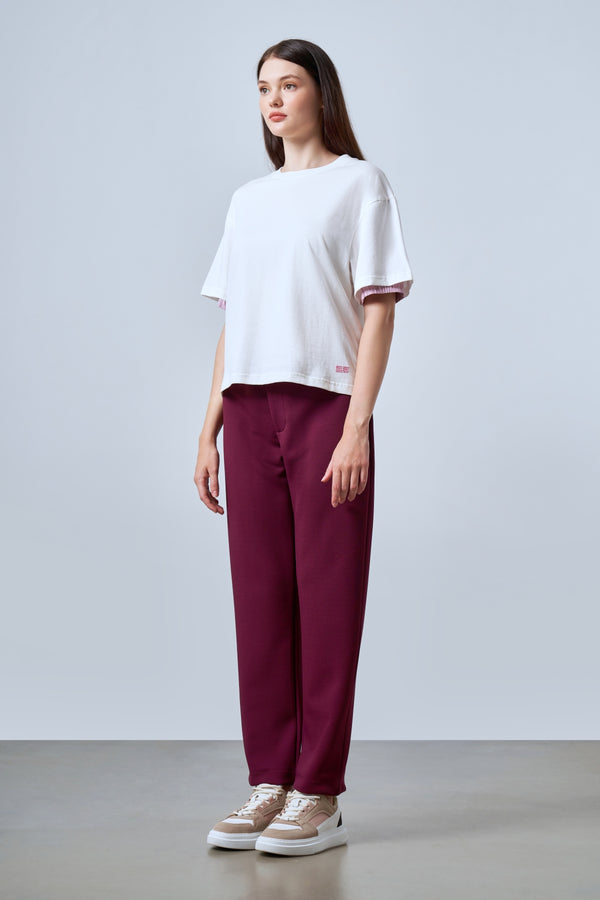 Kol Ucu Dokuma Detaylı Oversize Kadın T-shirt - Ekru