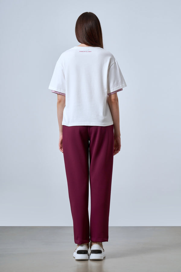 Kol Ucu Dokuma Detaylı Oversize Kadın T-shirt - Ekru