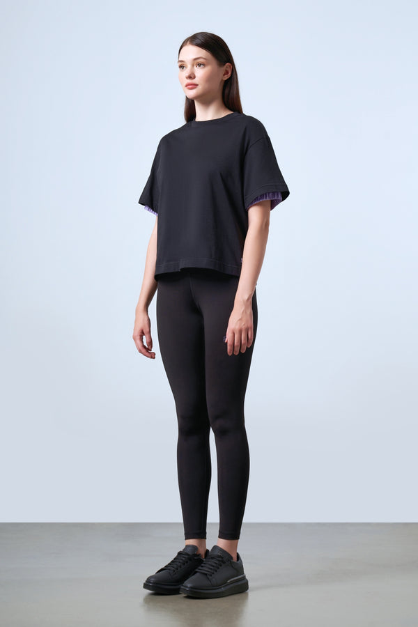 Kol Ucu Dokuma Detaylı Oversize Kadın T-shirt - Siyah