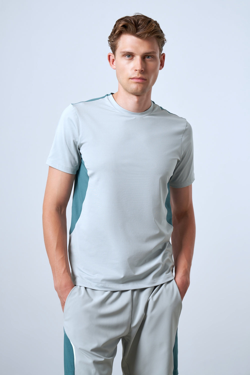 Kontrast Renk Panelli Erkek Bisiklet Yaka T-Shirt - Açık Yeşil