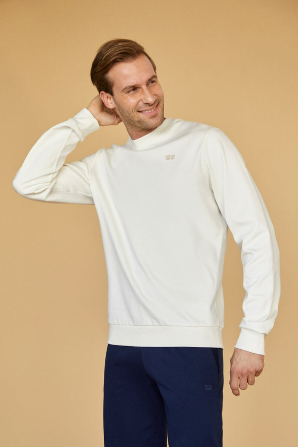 Merserize Pamuklu Erkek Bisiklet Yaka Sweatshirt - Ekru