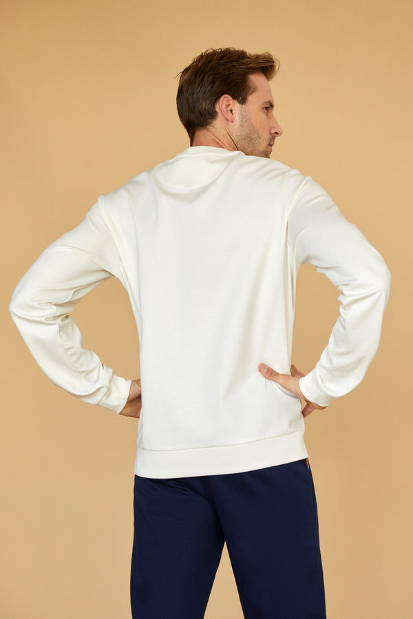 Merserize Pamuklu Erkek Bisiklet Yaka Sweatshirt - Ekru