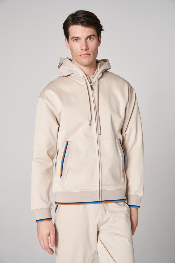 Merserize Pamuklu Erkek Fermuarlı Hoodie - Bej