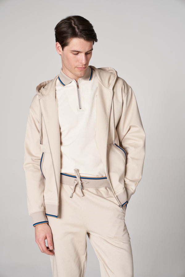 Merserize Pamuklu Erkek Fermuarlı Hoodie - Bej