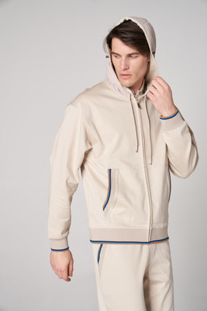 Merserize Pamuklu Erkek Fermuarlı Hoodie - Bej