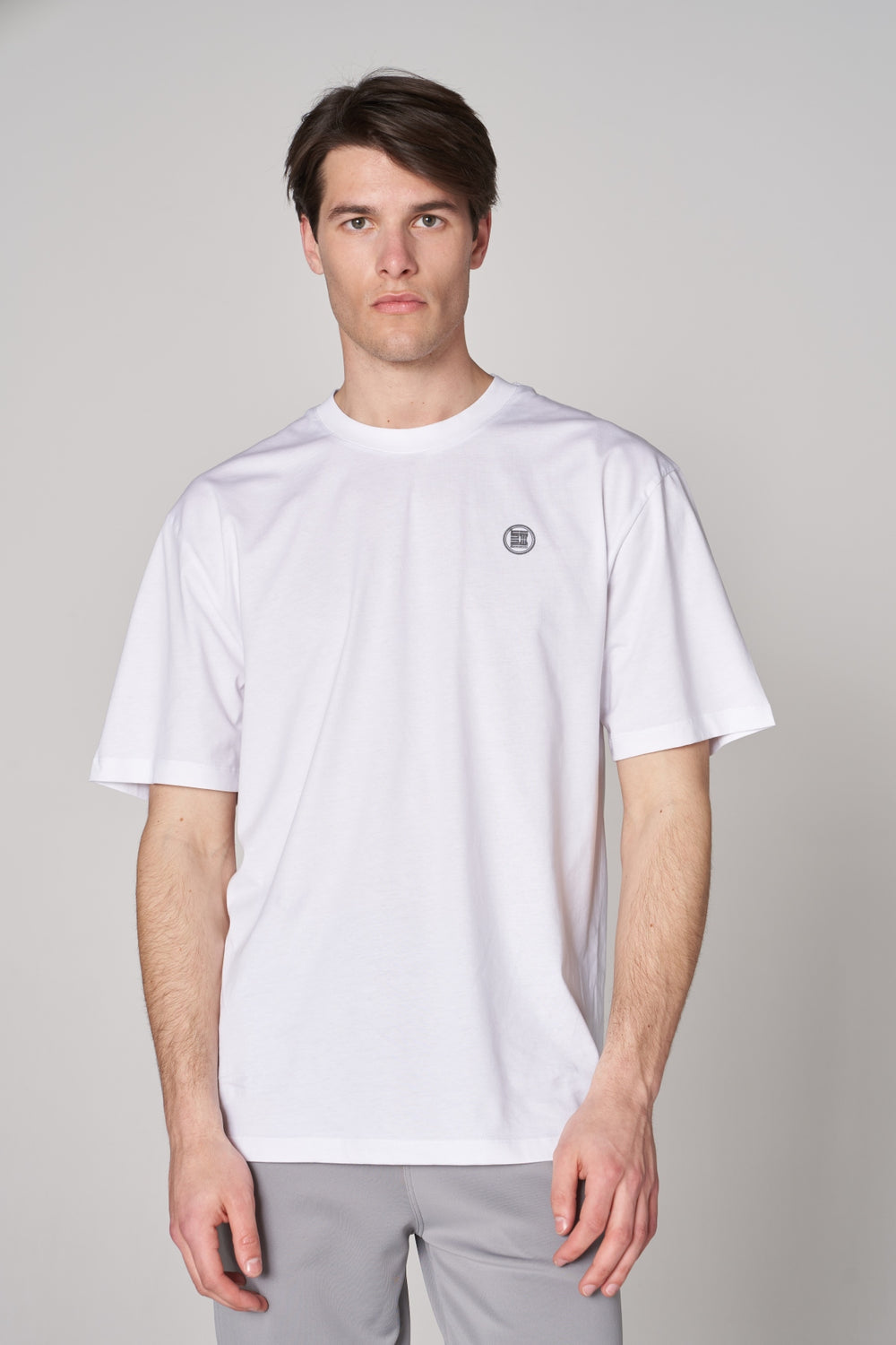 Metalik ST Logo İmzalı Erkek Oversize Bisiklet Yaka T-shirt - Beyaz