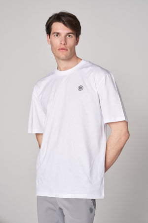 Metalik ST Logo İmzalı Erkek Oversize Bisiklet Yaka T-shirt - Beyaz