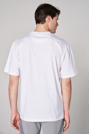 Metalik ST Logo İmzalı Erkek Oversize Bisiklet Yaka T-shirt - Beyaz