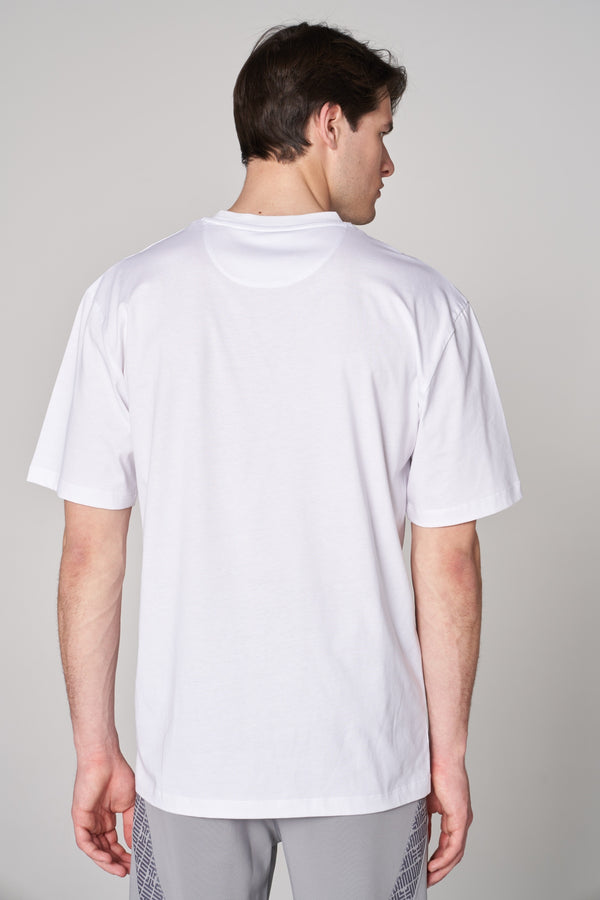 Metalik ST Logo İmzalı Erkek Oversize Bisiklet Yaka T-shirt - Beyaz