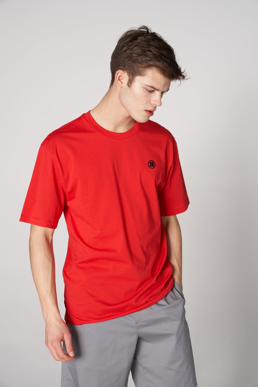 Metalik ST Logo İmzalı Erkek Oversize Bisiklet Yaka T-shirt - Kırmızı