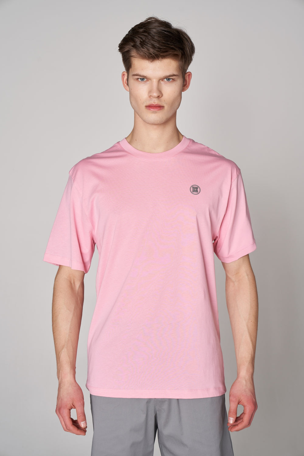 Metalik ST Logo İmzalı Erkek Oversize Bisiklet Yaka T-shirt - Pembe