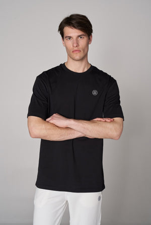 Metalik ST Logo İmzalı Erkek Oversize Bisiklet Yaka T-shirt - Siyah