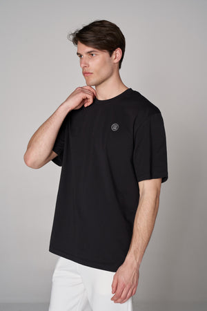 Metalik ST Logo İmzalı Erkek Oversize Bisiklet Yaka T-shirt - Siyah