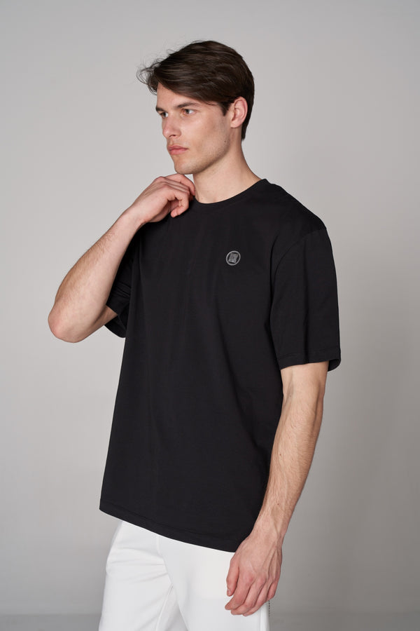 Metalik ST Logo İmzalı Erkek Oversize Bisiklet Yaka T-shirt - Siyah