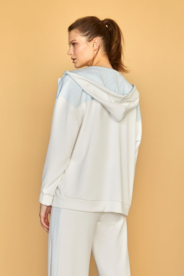 Modal Karışımlı Kontrast Detaylı Kadın Fermuarlı Kapüşonlu Hoodie - Beyaz