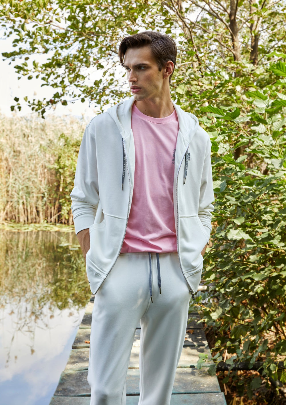 Organik Pamuklu Baskılı Erkek Oversize Fermuarlı Hoodie - Beyaz